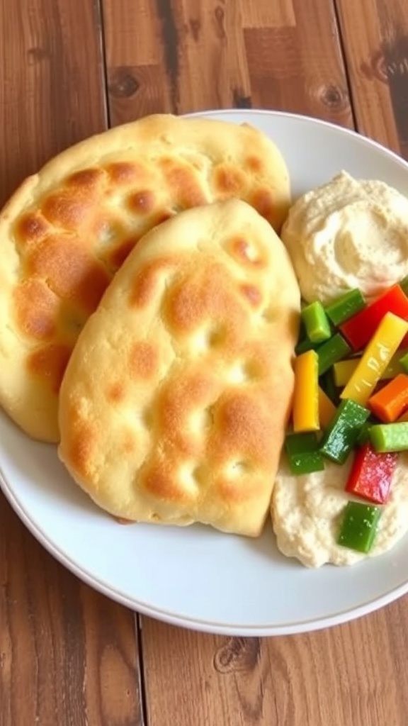 Freshly made keto pita bread on a plate with hummus and vegetable sticks.